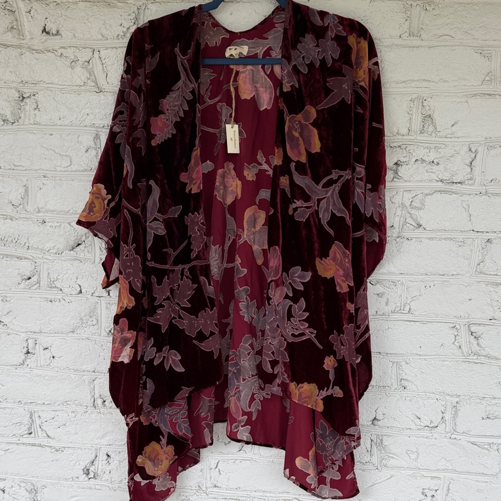 World Market Women's Floral Velvet Open-Front Kimono Cardigan - Burgundy Coverup